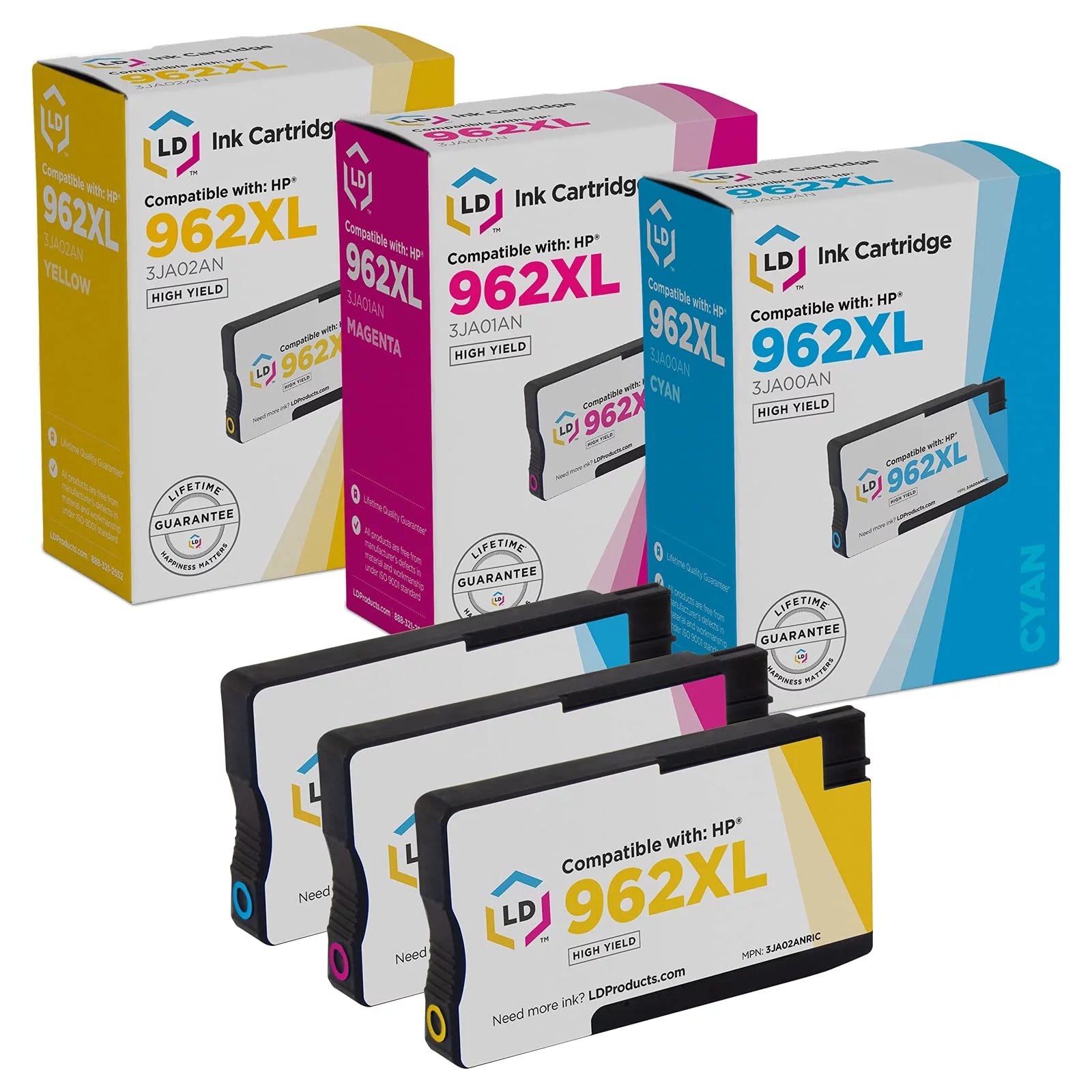 Ld remanufactured replacements for HP 962xl high yield cartdges: 1 3ja00an cyan, 1 3ja01an magenta, 1 3ja02an yellow for officejet pro 9025, 9020, 9018, 9015, 9010