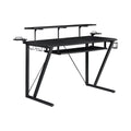 60 Inch Gaming Desk, Shelves and Tray, Headphone Rack, Cup Holder, Black