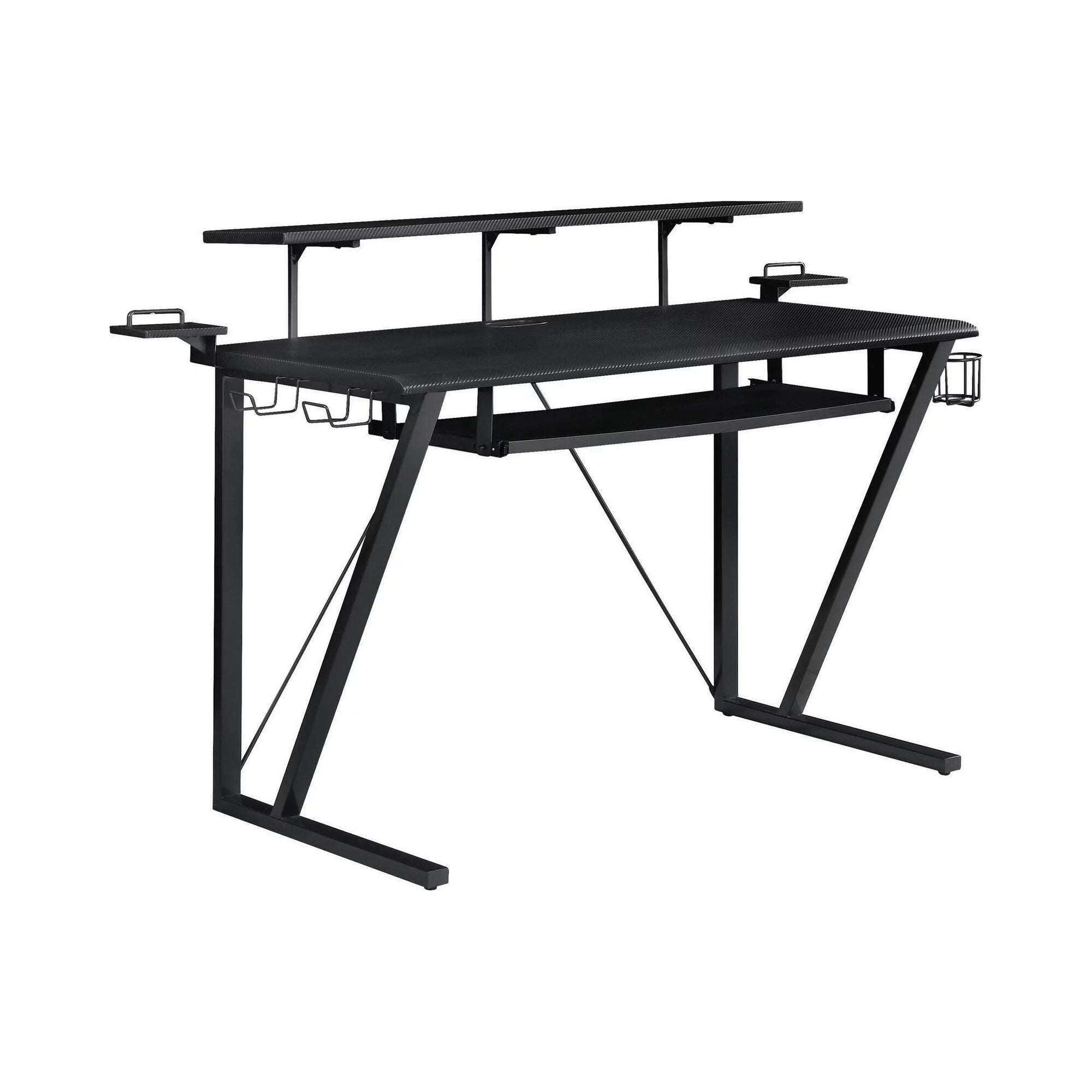 60 Inch Gaming Desk, Shelves and Tray, Headphone Rack, Cup Holder, Black
