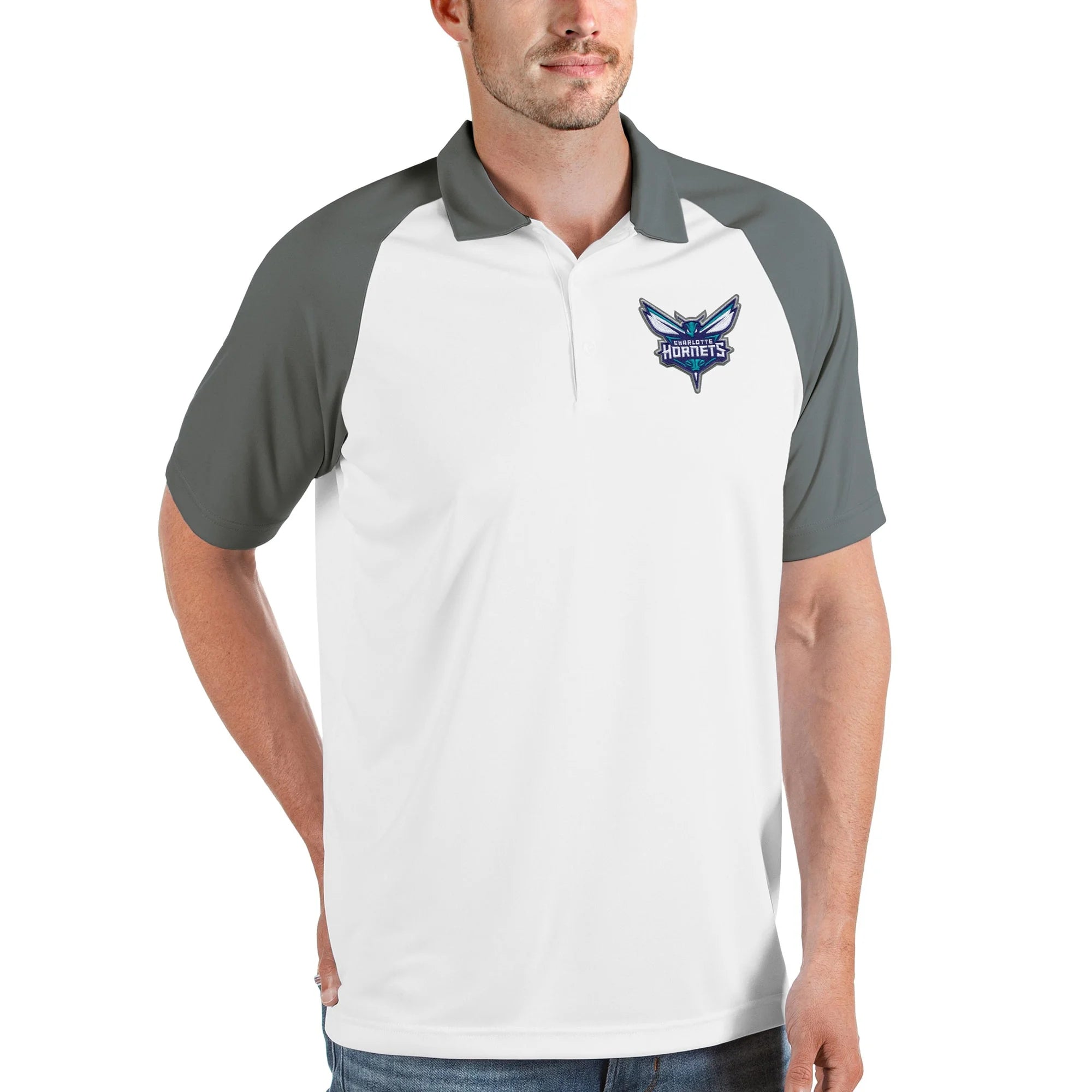 Men's Antigua White Charlotte Hornets Nova Raglan Polo