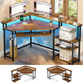 Corner Desk, Small Computer Desk with Power Outlets, Gaming Desk with LED Lights, Home Office Desk with Storage for Small Space, Rustic Brown