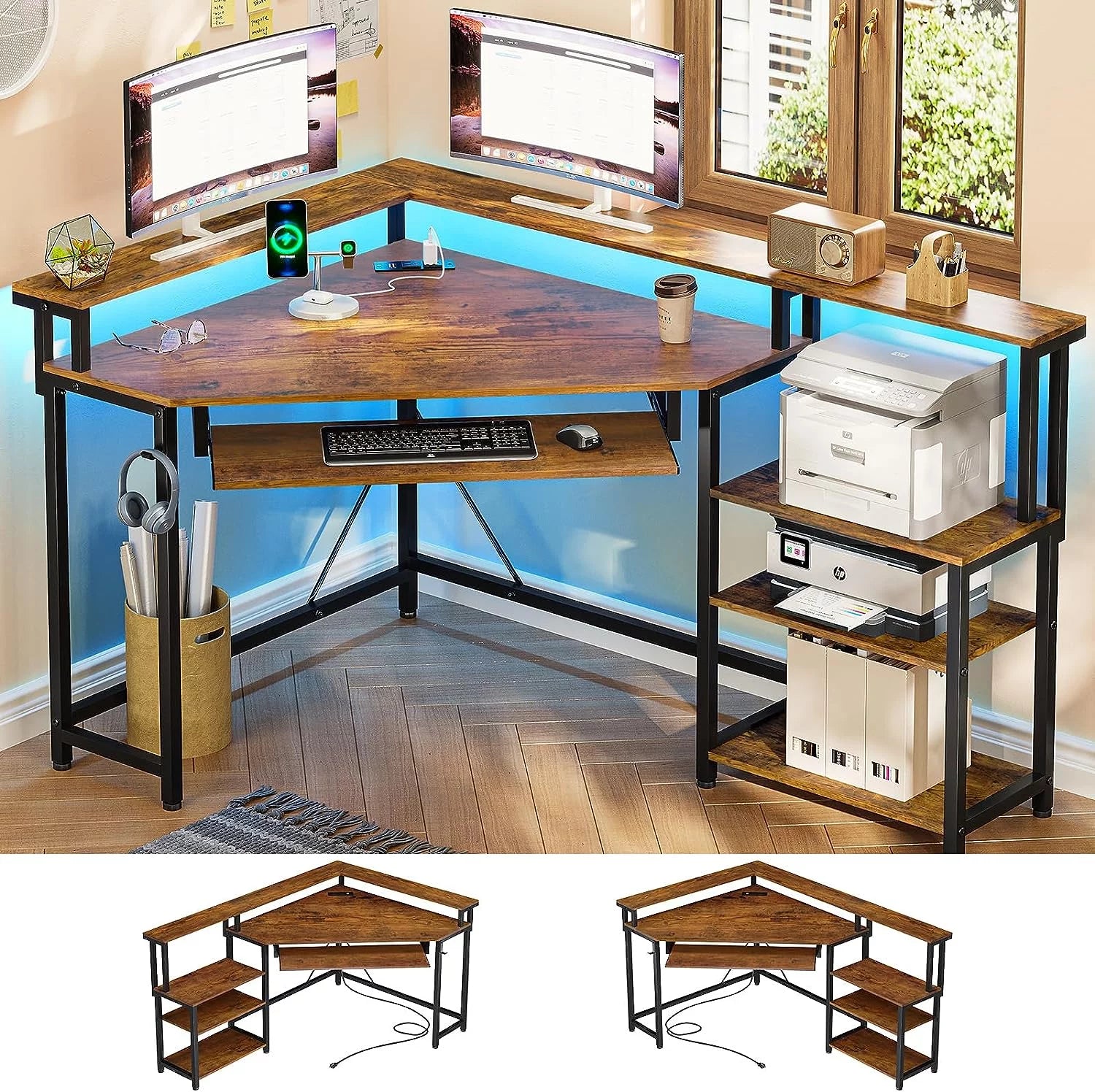 Corner Desk, Small Computer Desk with Power Outlets, Gaming Desk with LED Lights, Home Office Desk with Storage for Small Space, Rustic Brown
