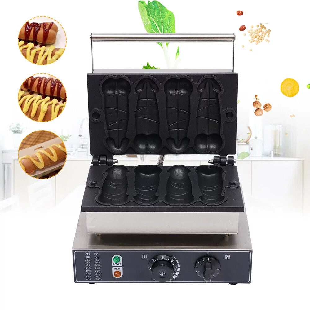 TFCFL Commercial Electric 4Pcs Hot Dog Pene Waffle Maker Baker Machine Stainless Steel