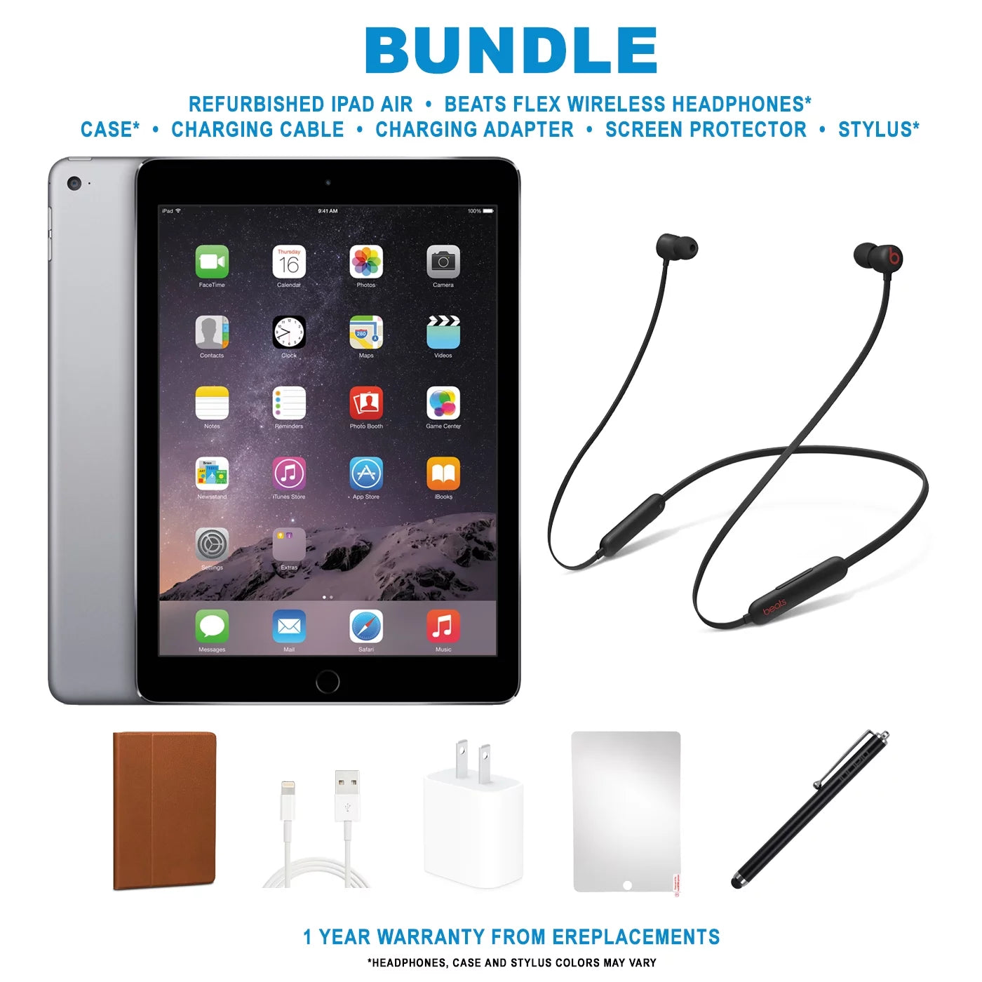 Restored Apple iPad Air (2013) Bundle, 16GB, Black, Wi-Fi, Beats Flex Wireless In-Ear Headphones, Case, Tempered Glass, Stylus Pen, Charging Accessories (Refurbished)