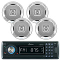 Lanzar AQMP70BTB Single DIN In Dash Bluetooth AUX USB MMC SD MP3 Boat Receiver, 4x Lanzar AQ5CXS 5.25 Marine Water Resistant 2 Way 400 Watt Silver Speakers
