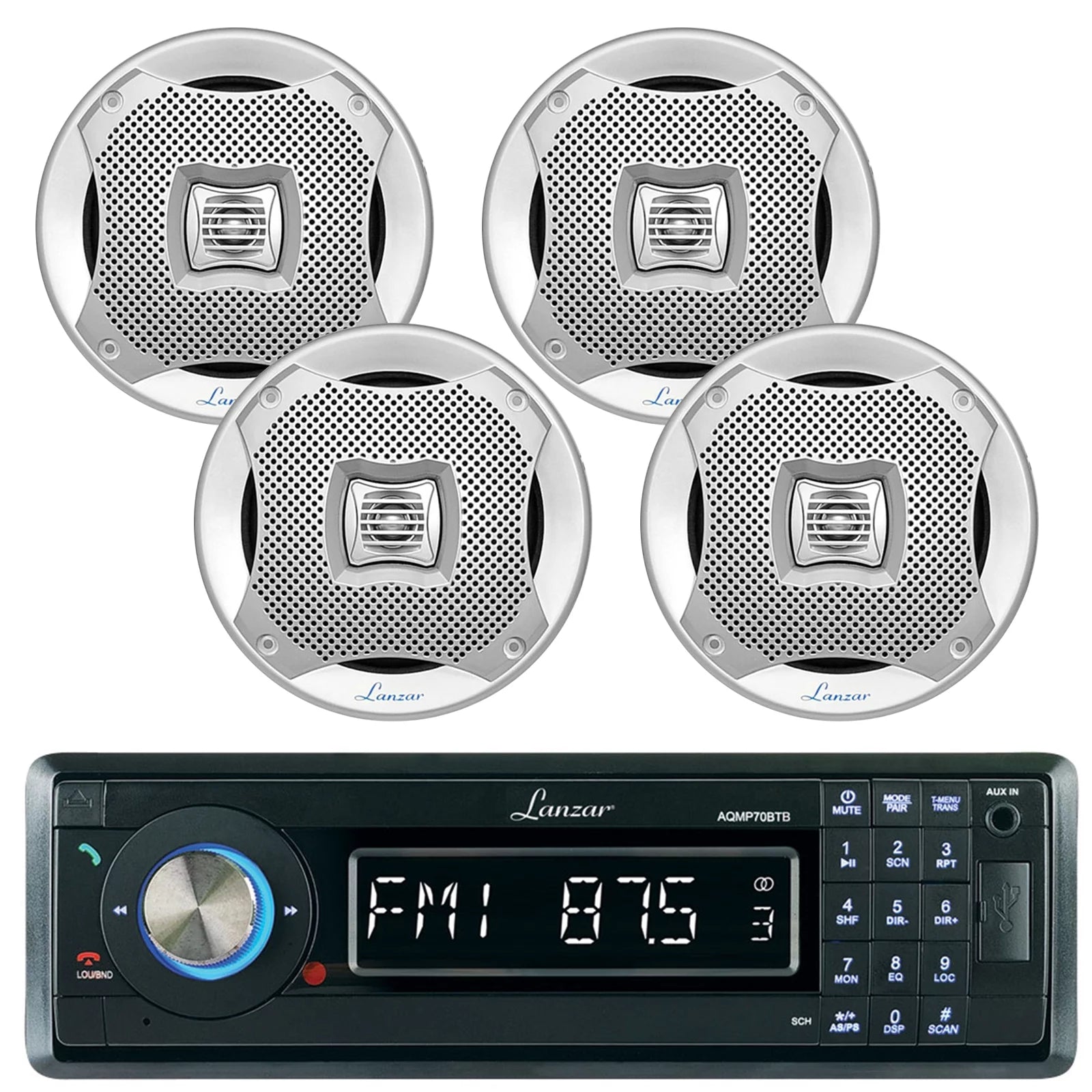 Lanzar AQMP70BTB Single DIN In Dash Bluetooth AUX USB MMC SD MP3 Boat Receiver, 4x Lanzar AQ5CXS 5.25 Marine Water Resistant 2 Way 400 Watt Silver Speakers