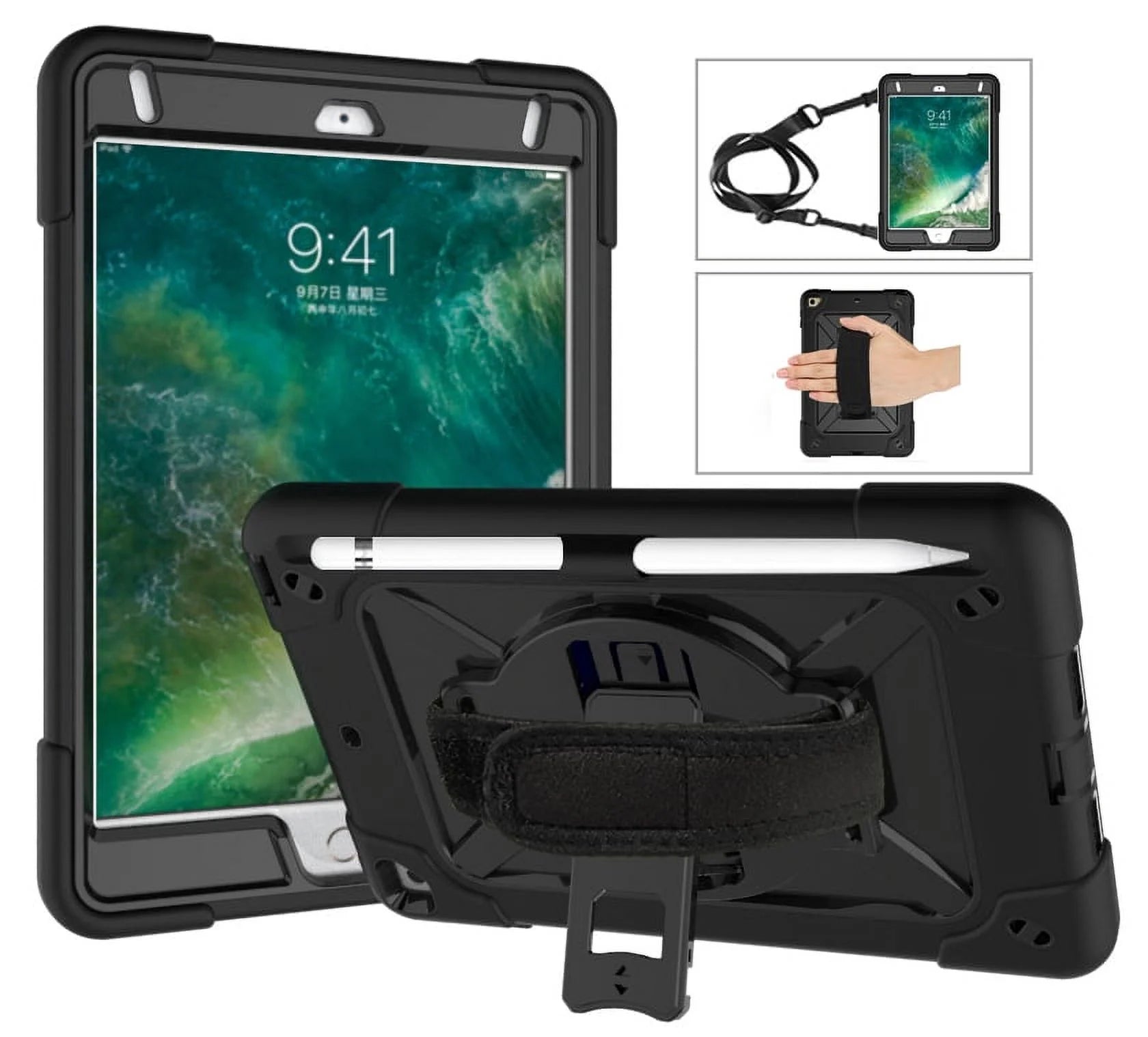 iPad Air 2 Case, iPad Pro 9.7 Case, Allytech Heavy Duty Shockproof Protective Covers with 360 Rotate Stand /Hand Strap/ Should Belt /Pencil Holder Covers for Apple iPad Air 2/ Pro 9.7,Black/Black