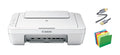 Canon PIXMA MG Series All-in-One Color Inkjet Printer, 3-in-1 Print, Scan, and Copy or Home Business Office, Up to 4800 x 600 DPI, Auto Scan Mode, White, With MTC Printer Cable and File Folders