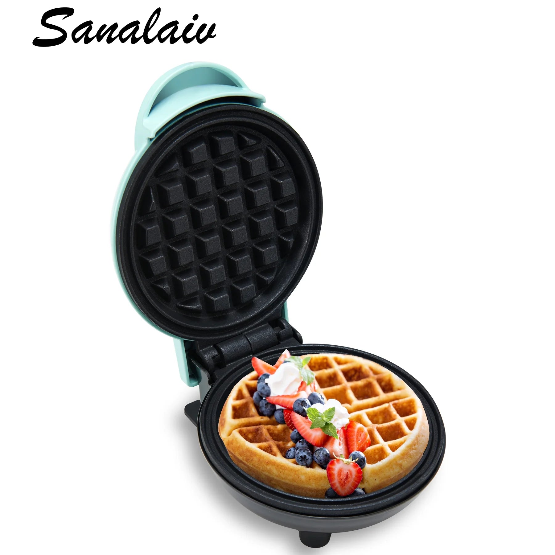 Sanalaiv Mini Waffle Maker, Small Waffle Maker, Nonstick Chaffle Maker for Hash Browns, Keto Chaffles with easy to clean, PFOA Free, 4 Inch (Blue)