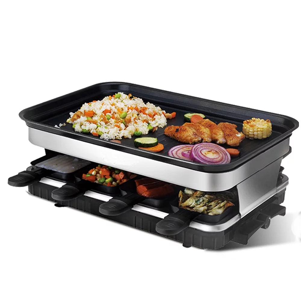 aclette Grill 8 People Grill Plate Non-stick Coated, Raclette with 8 Mini Raclette Pans, Infinitely Adjustable Temperature, 1500W