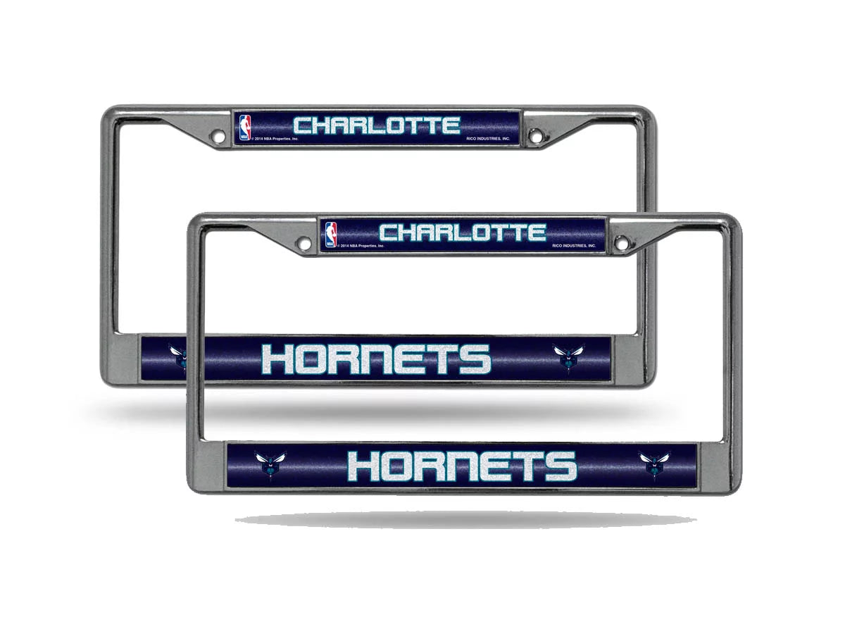 Charlotte NBA Hornets Chrome Metal (2) Sparkly Sparkly Glitter Bling Look Look License Plate Frame Set