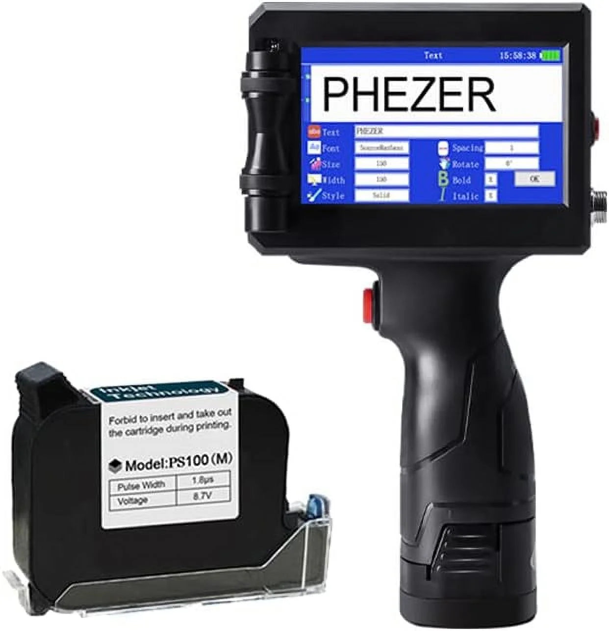 Phezer P15 Handheld Inkjet Printer for Any Surface 0.5 Inch Nozzle for QRCode Barcode Production Date Time Logo Batch Number Print On Glass Bag Carton Box Wood Cloth Plastic Cable (1 ink Cartridge)