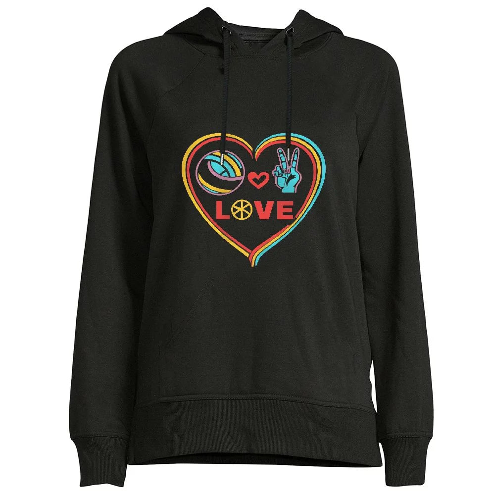 COMIO Women's Long Sleeve Sweatshirt V Sign with Volleyball Peace Love Hoodie Black