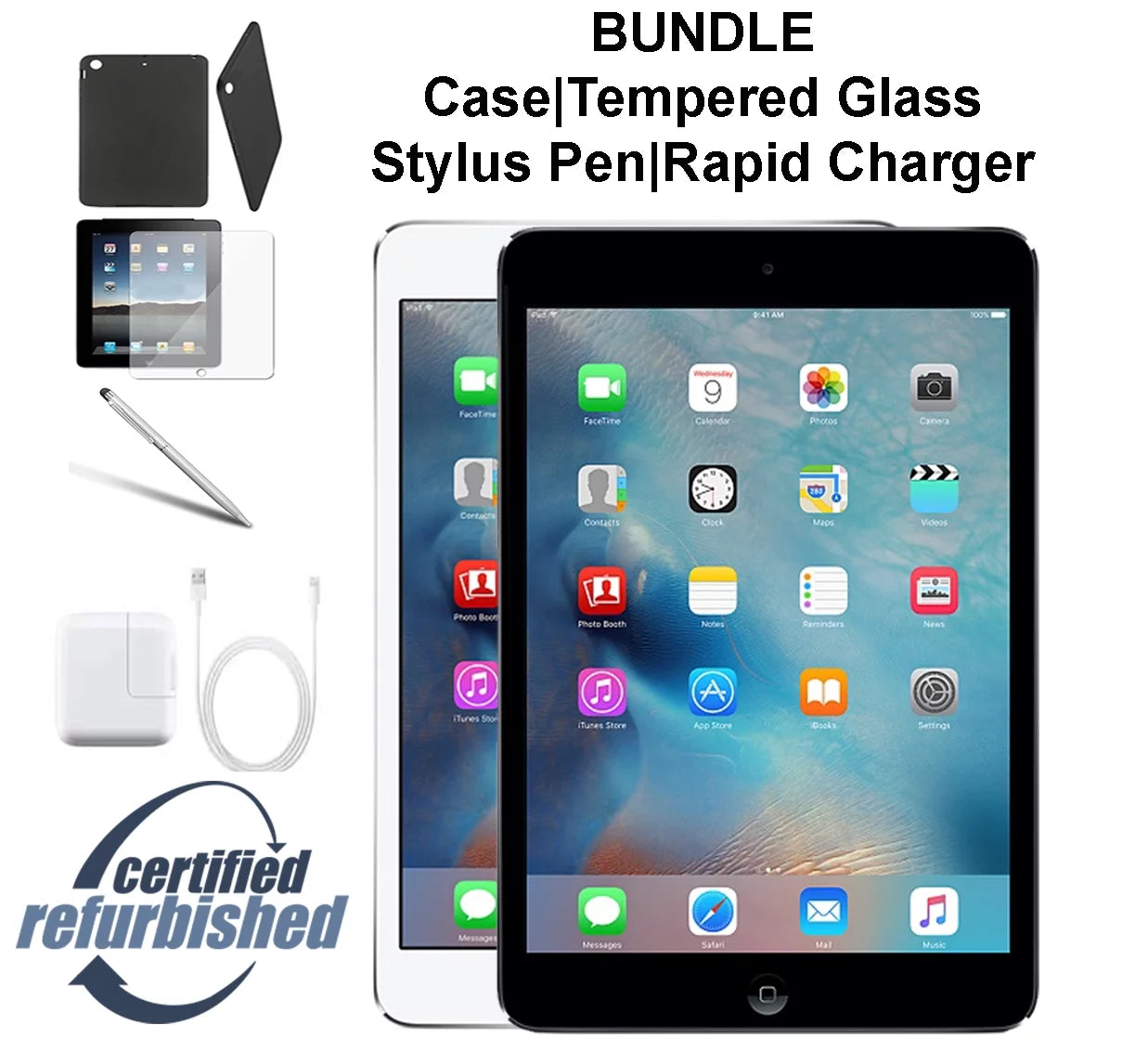 Restored Apple iPad MINI 2 32GB Silver- WiFi - Bundle - Case, Rapid Charger, Tempered Glass & Stylus Pen ---- FREE 2 Day Shipping (Refurbished)