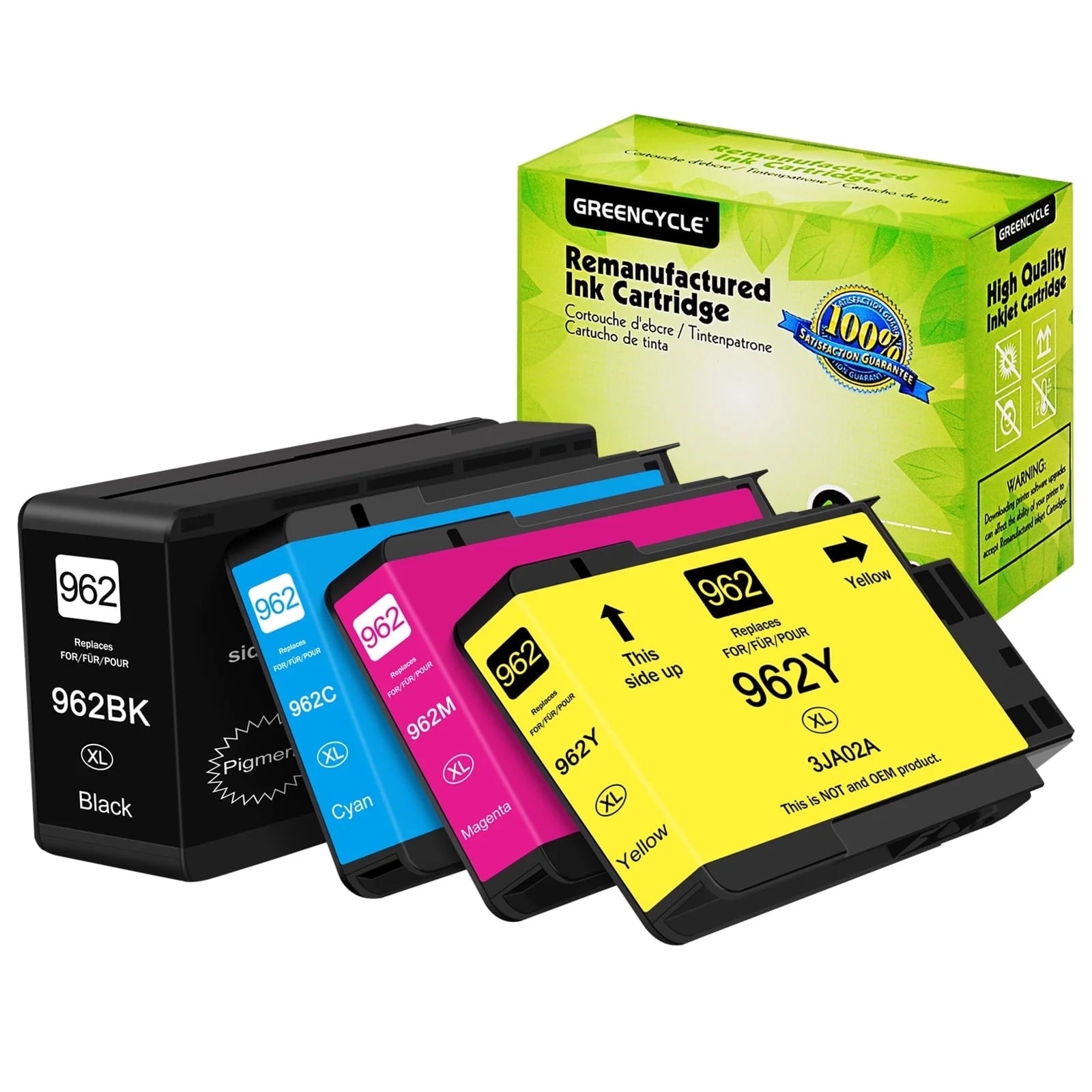 GREENCYCLE 962XL BCMY Ink Cartridges Combo Pack Replacement for HP High Yield 962 XL Compatible with OfficeJet Pro 9010 9015 9018 9025 9029 Printer(1 Black 1 Cyan 1 Magenta 1 Yellow)