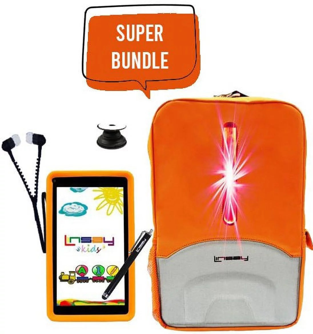 LINSAY 7 Kids tablets 2GB RAM 32GB Android 12 WiFi Tablet for kids, Camera, Apps, Games, Learning Tab for Children with Orange Kid-proof Defender Case, LED Backpack, Earphones, and Pen Stylus