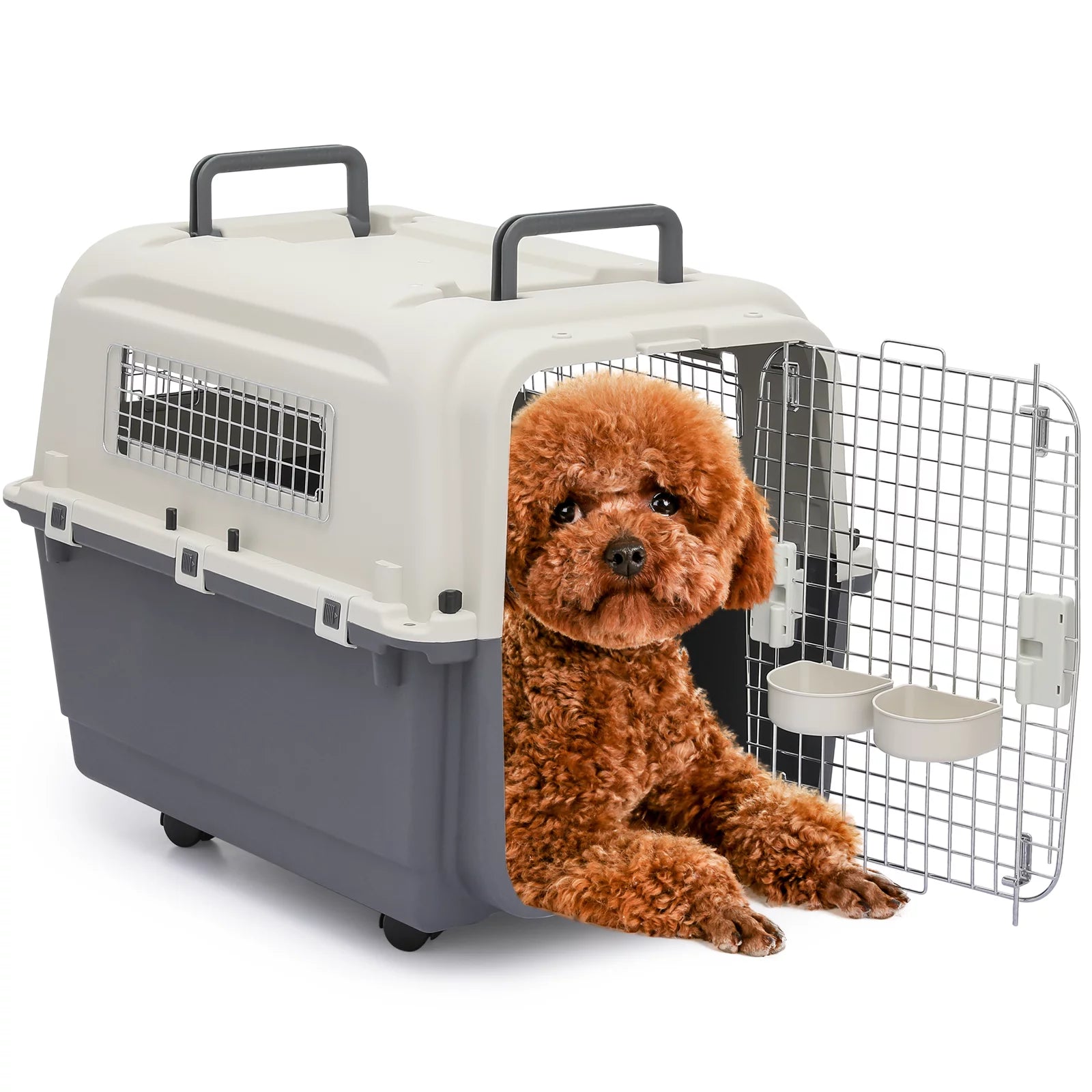 MoNiBloom 32 Cat Dog Carrier Cage Portable Pet Transport Box Airline Approved Pet Kennel with Bowls & Wheels, 30lbs Weight Capacity, White/Grey