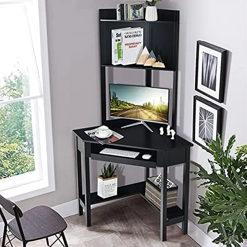 HOOMHIBIU White Corner Desk with Hutch  90 Degrees Triangle Computer Desk with Keyboard Tray &amp; Bookshelves for Small Space  Space Saving Writing Desk with  Shelves for Bedroom Apartme