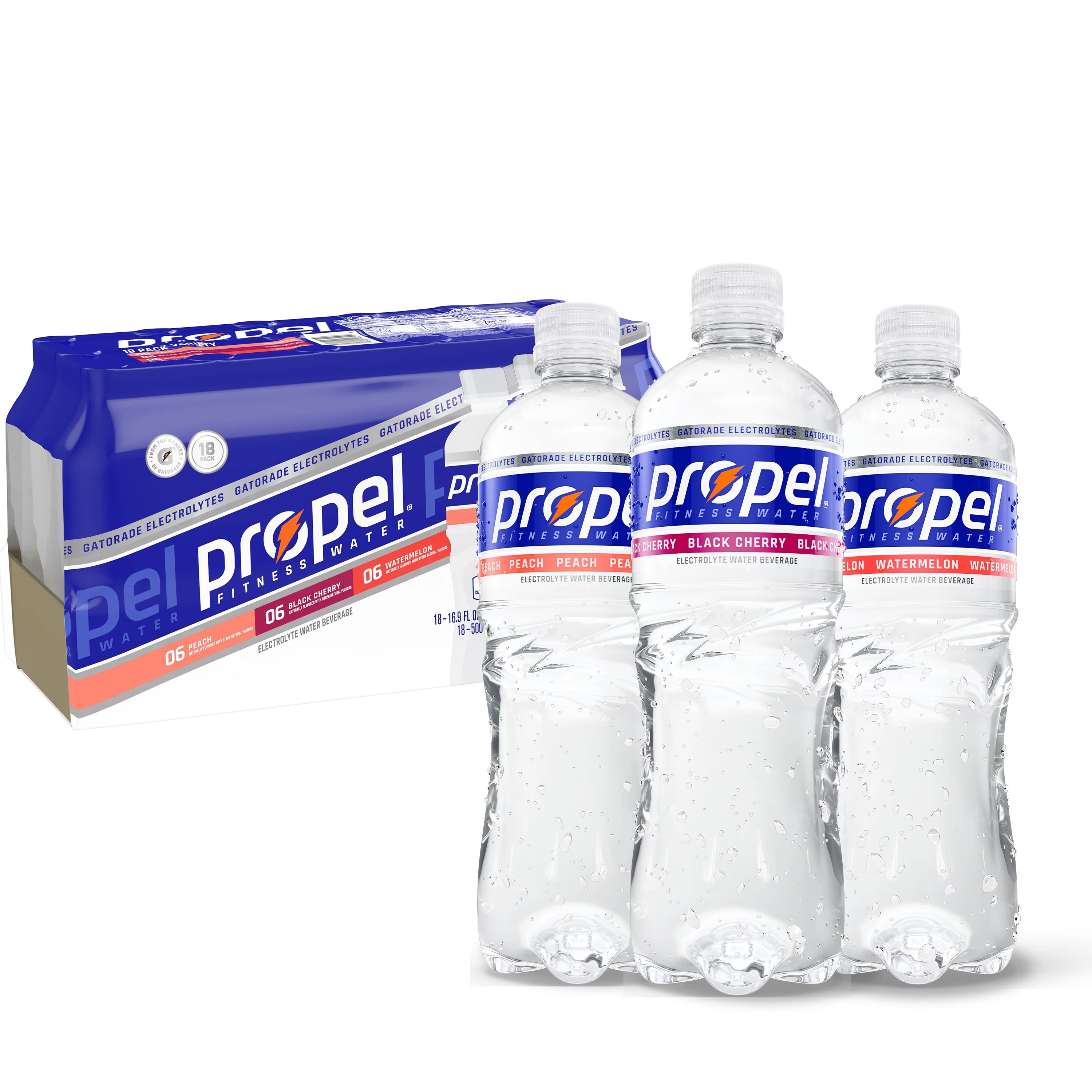 Propel Zero Sugar Electrolyte Water Variety Pack, Peach/Black Cherry/Watermelon, 16.9 fl oz, 18 Count Bottles