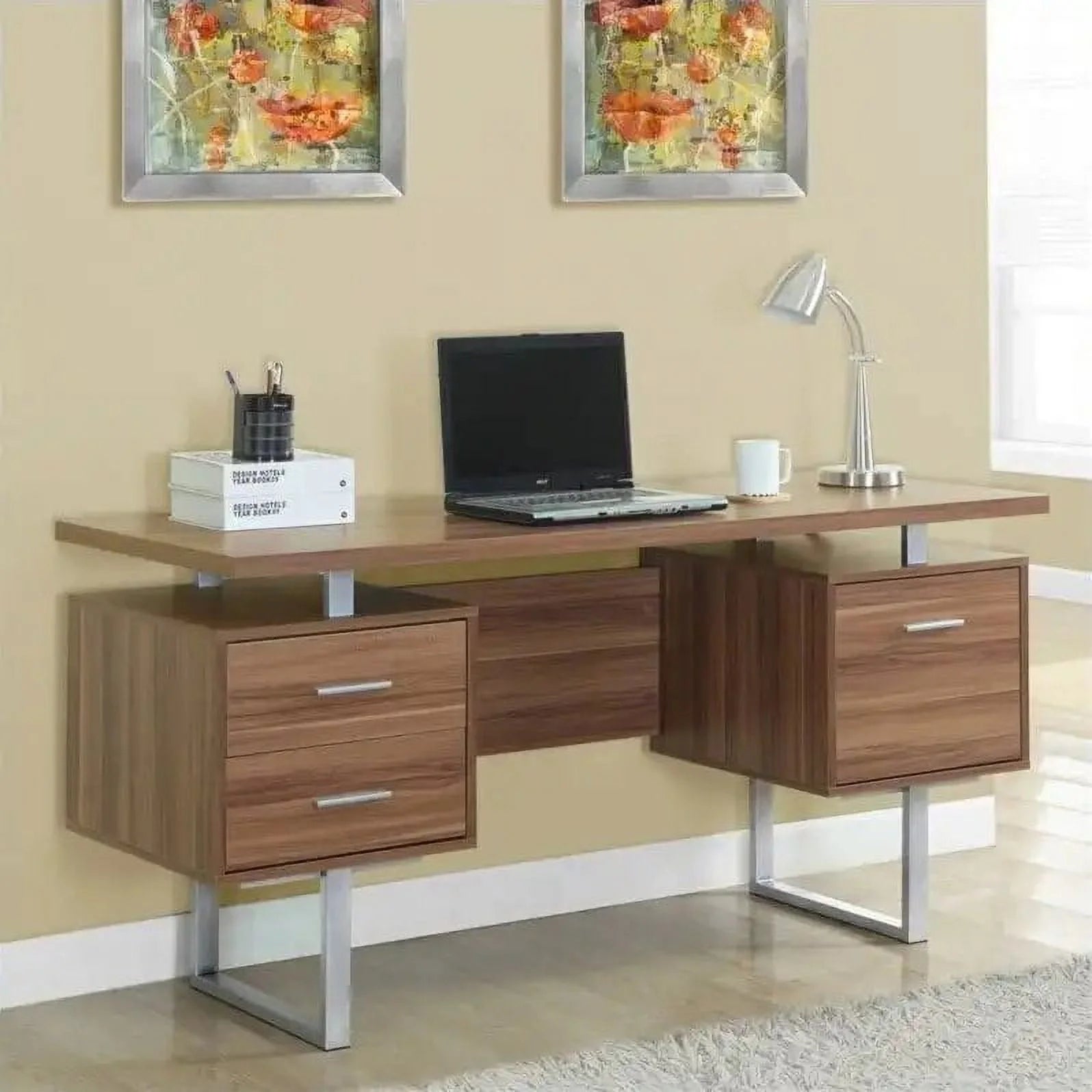 Computer Desk, Home Office, Laptop, Left, Right Set-up, Storage Drawers, 60L, Work, Metal, Laminate, White, Grey, Contemporary,
