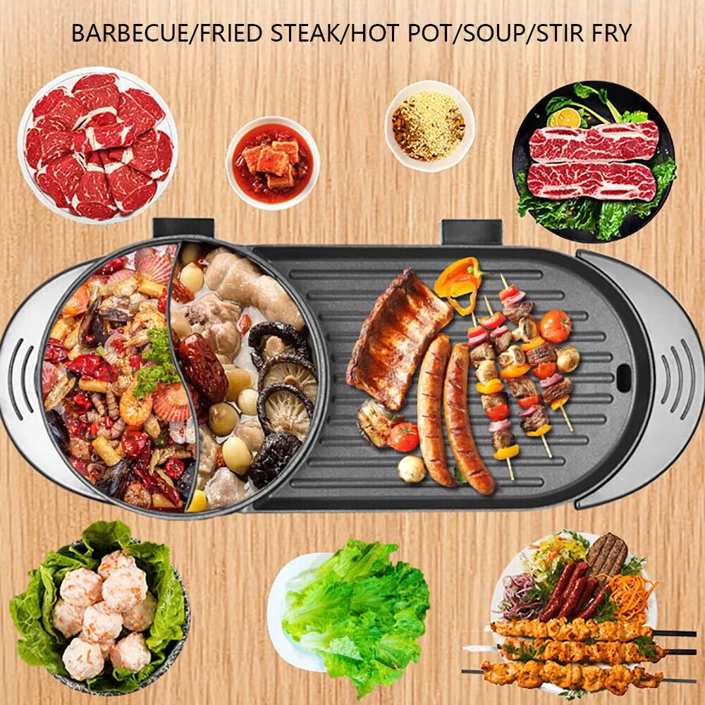 Miumaeov 2 in 1 Electric Smokeless Grill and Hot Pot Double Adjustable Thermostat 5-speed Automatic Regulator Hot Pot with Grill for Home Gatherings Black