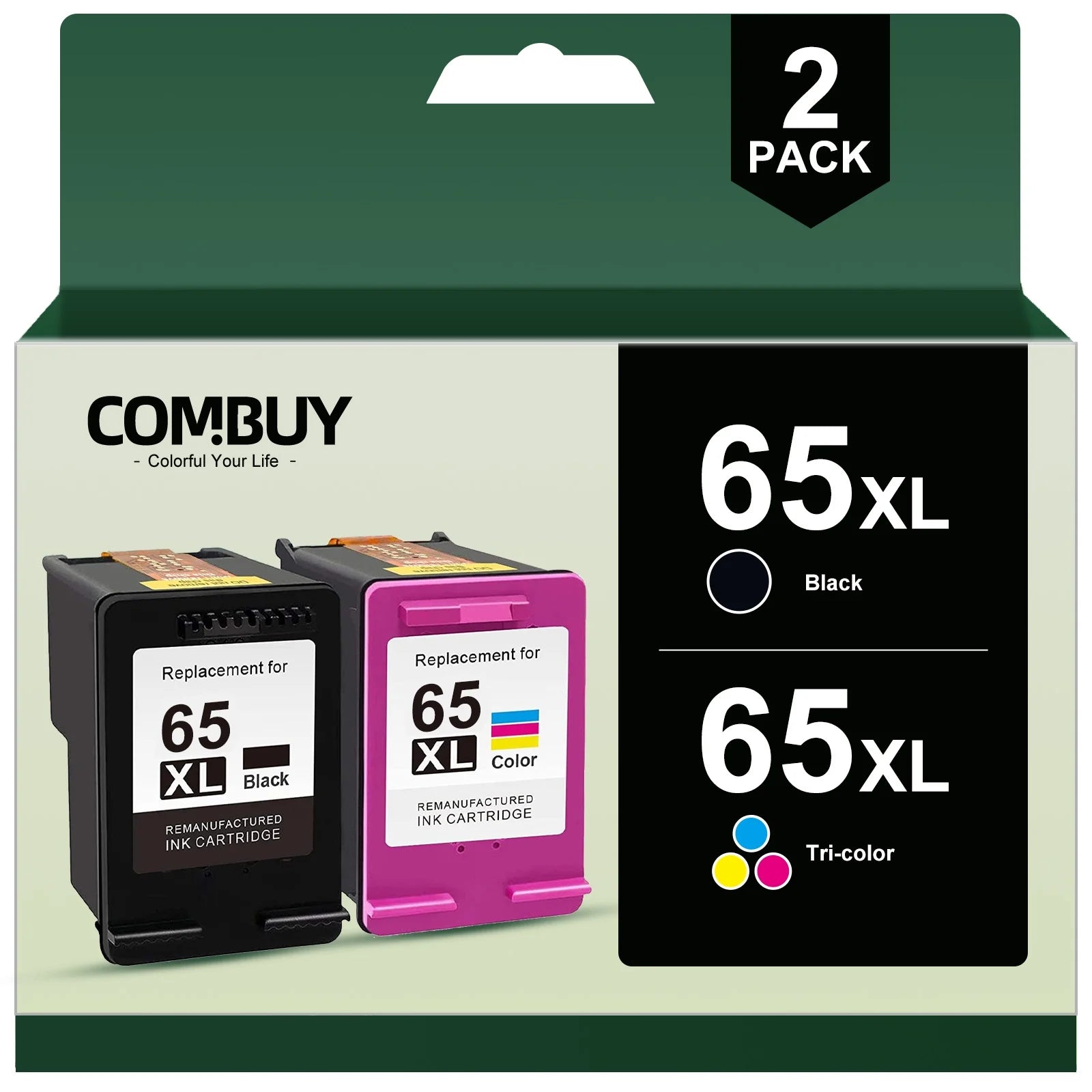 65XL Ink Cartridge for HP 65 XL Ink 65 Ink Cartridge Use with HP Deskjet 2652 2652 Printer Ink and 3755 3752 2655 Envy 5055 5000 5052 5014 Printer (1 Black, 1 Tri-Color, 2-Pack)