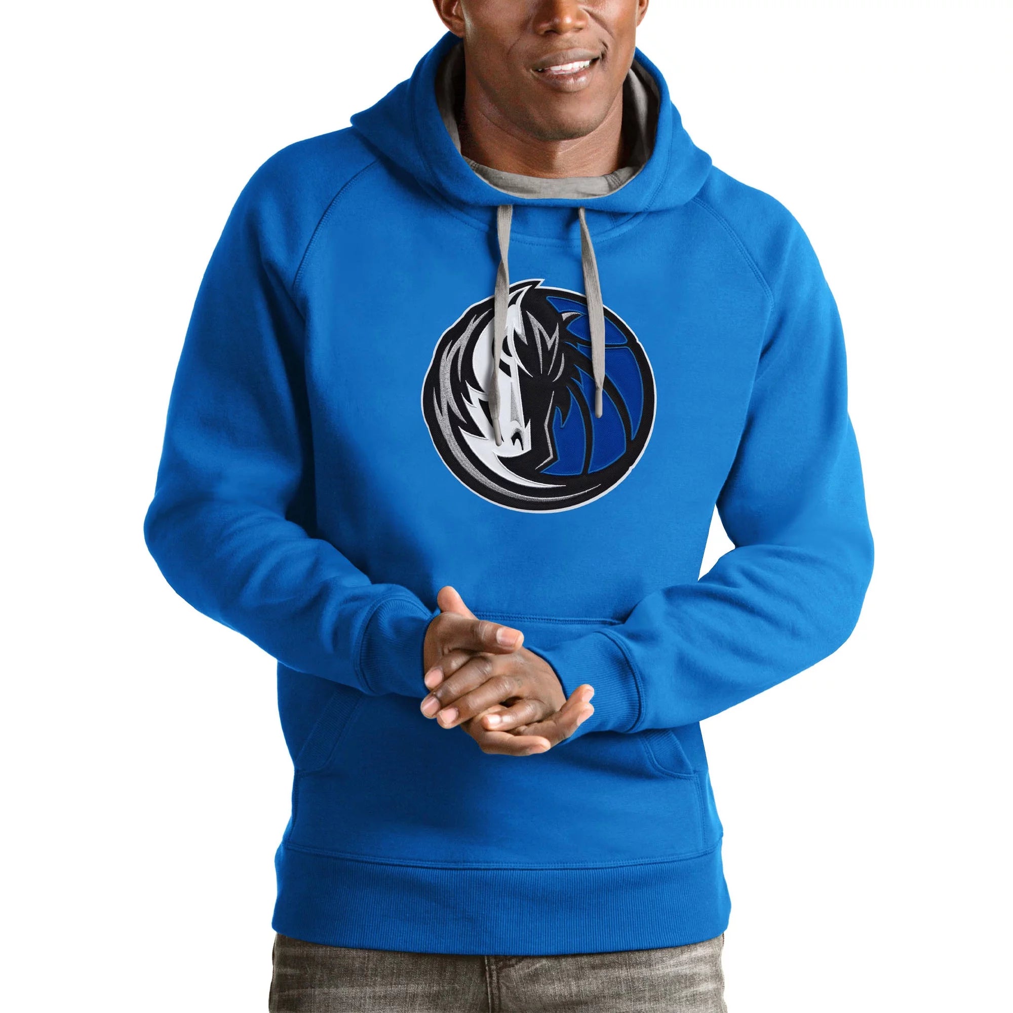 Men's Antigua Blue Dallas Mavericks Logo Victory Pullover Hoodie