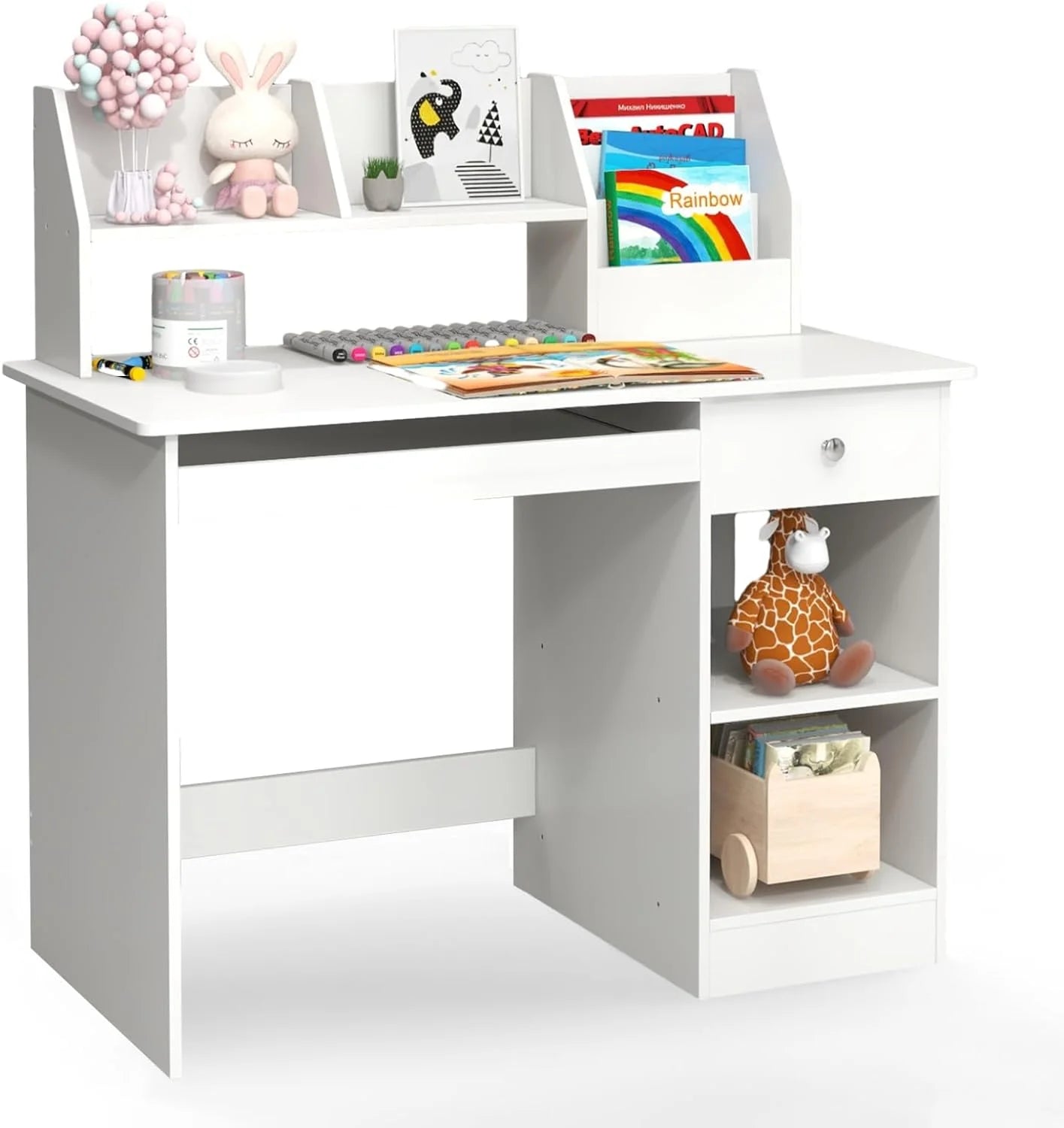 TJUNBOLIFE Study Desk  Children Wooden Computer Desk with Hutch  Bookshelf  Keyboard Tray  Drawer   Shelves  Student Writing Table Computer Workstation for Home School Use  White