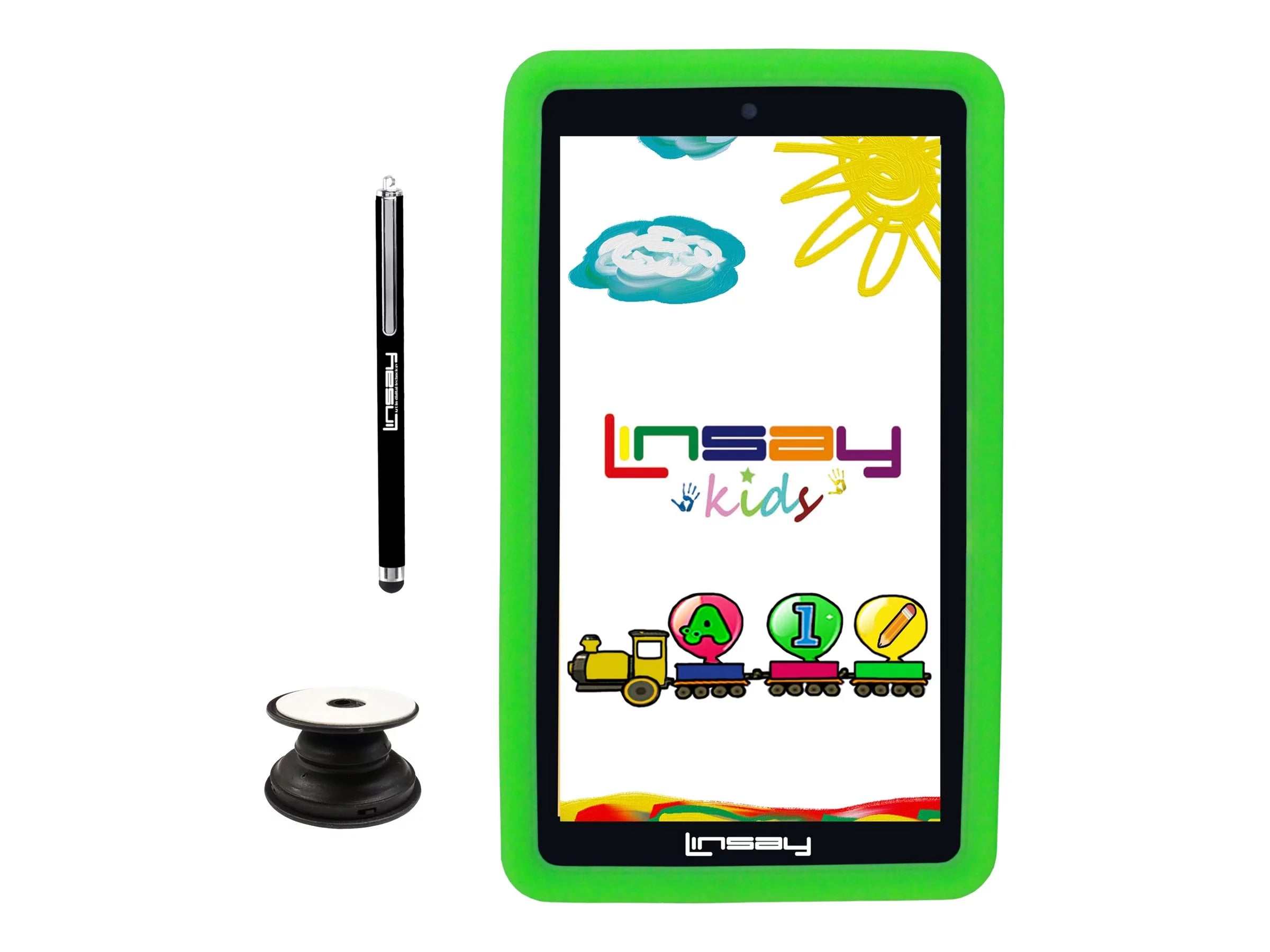 LINSAY 7  64GB Android 13 WiFi Tablet, Camera, Apps, Games, Learning Tab for Children with Green Kid-proof Defender Case, Pop Holder and Pen Stylus