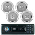 Lanzar AQMP70BTB Single DIN In Dash Bluetooth AUX USB MMC SD MP3 Boat Receiver, 4x Lanzar AQ6CXS 6.5 Marine Water Resistant 2 Way 400 Watt Silver Speakers