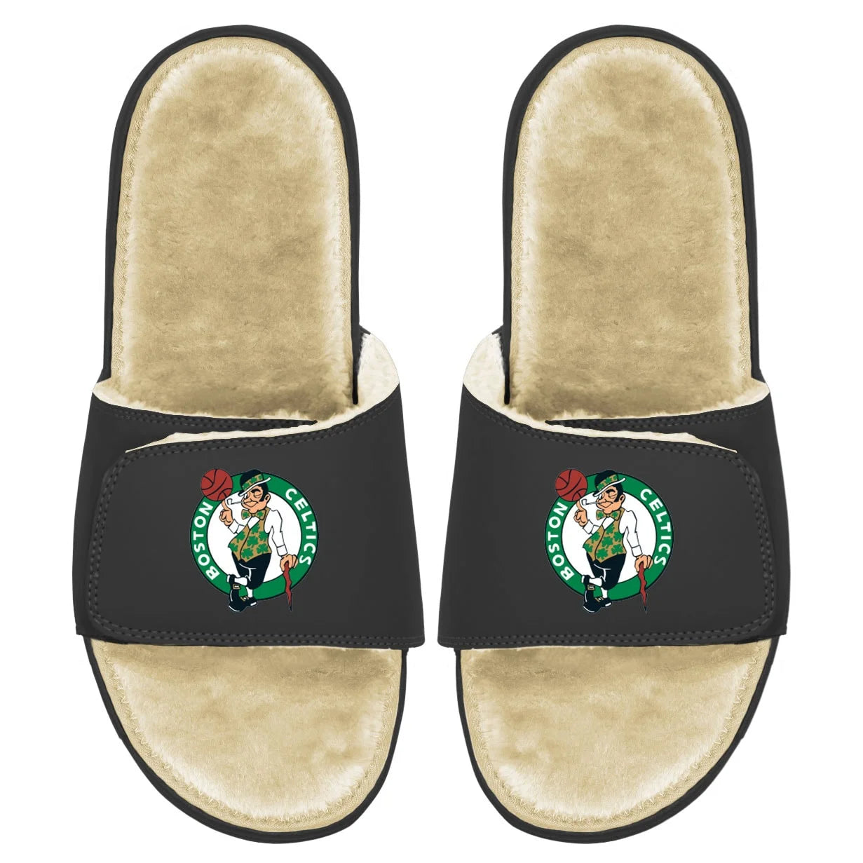 Men's ISlide Black/Tan Boston Celtics Faux Fur Slide Sandals