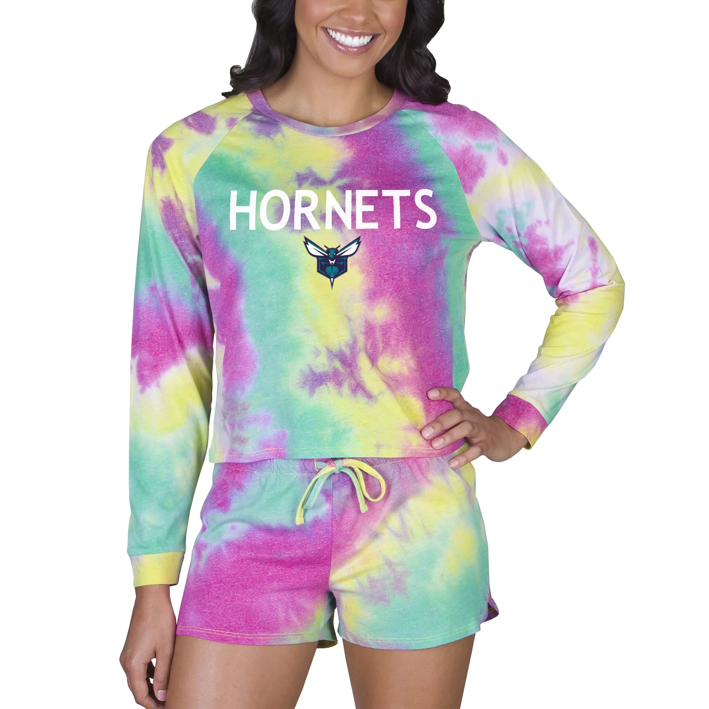 Women's Concepts Sport Charlotte Hornets Velodrome Tie-Dye Long Sleeve Top & Shorts Set