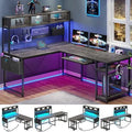 TJUNBOLIFE L Shaped Gaming Desk  Reversible Computer Desk with Power Outlet and Pegboard  Gaming Desk with Led Lights  Keyboard Tray and  Bag for Home Office  Black