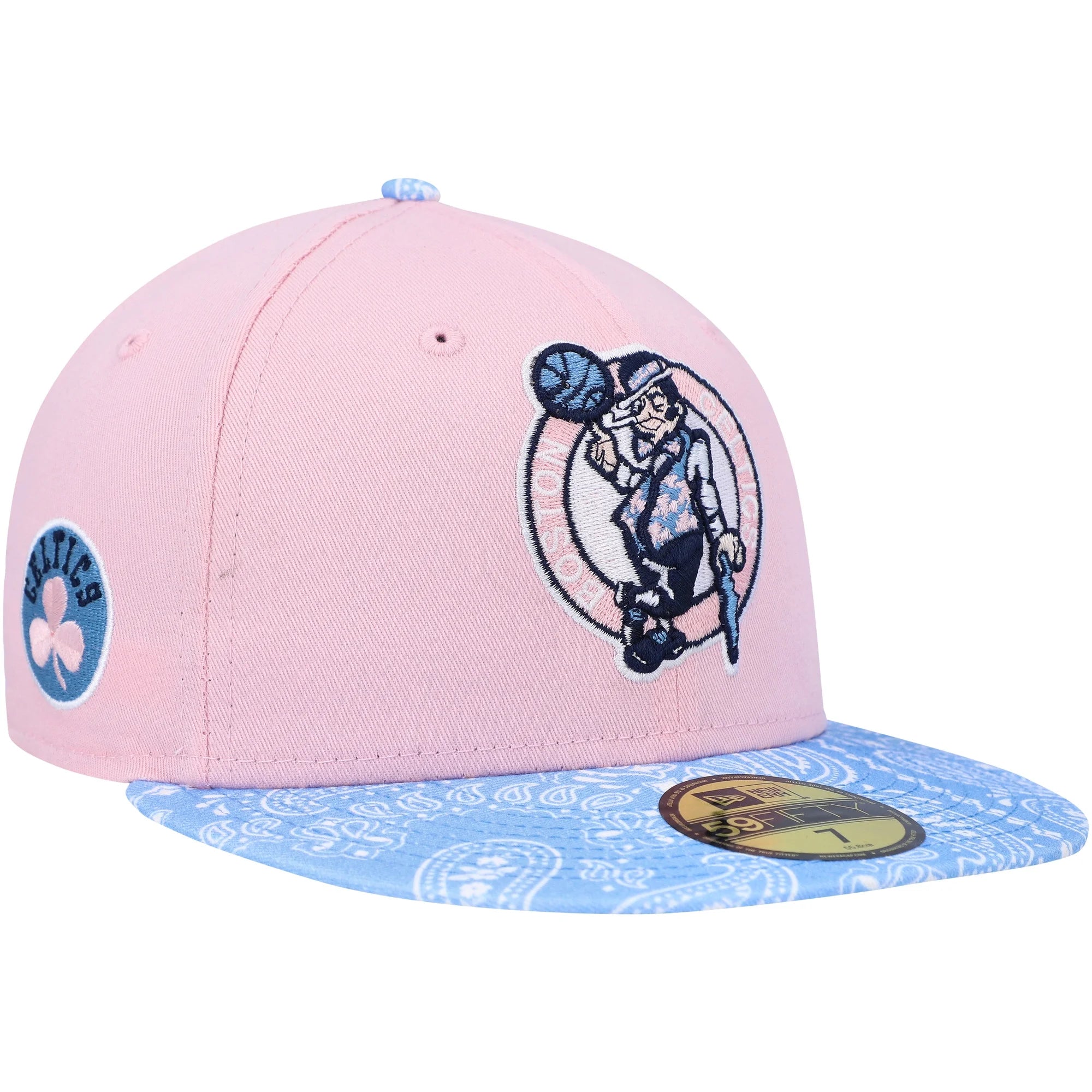 Men's New Era Pink/Light Blue Boston Celtics Paisley Visor 59FIFTY Fitted Hat