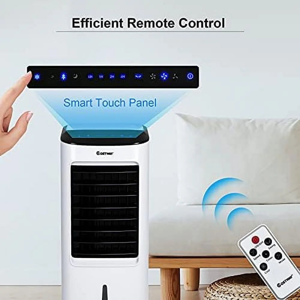 Portable Evaporative Air Cooler For Room, Control, 3-Mode, 7.5H Timer, Include Ice Crystal Boxes, Casters And Water Tank, Bladeless Swamp Cooler For Home Office, Indoor Use, White