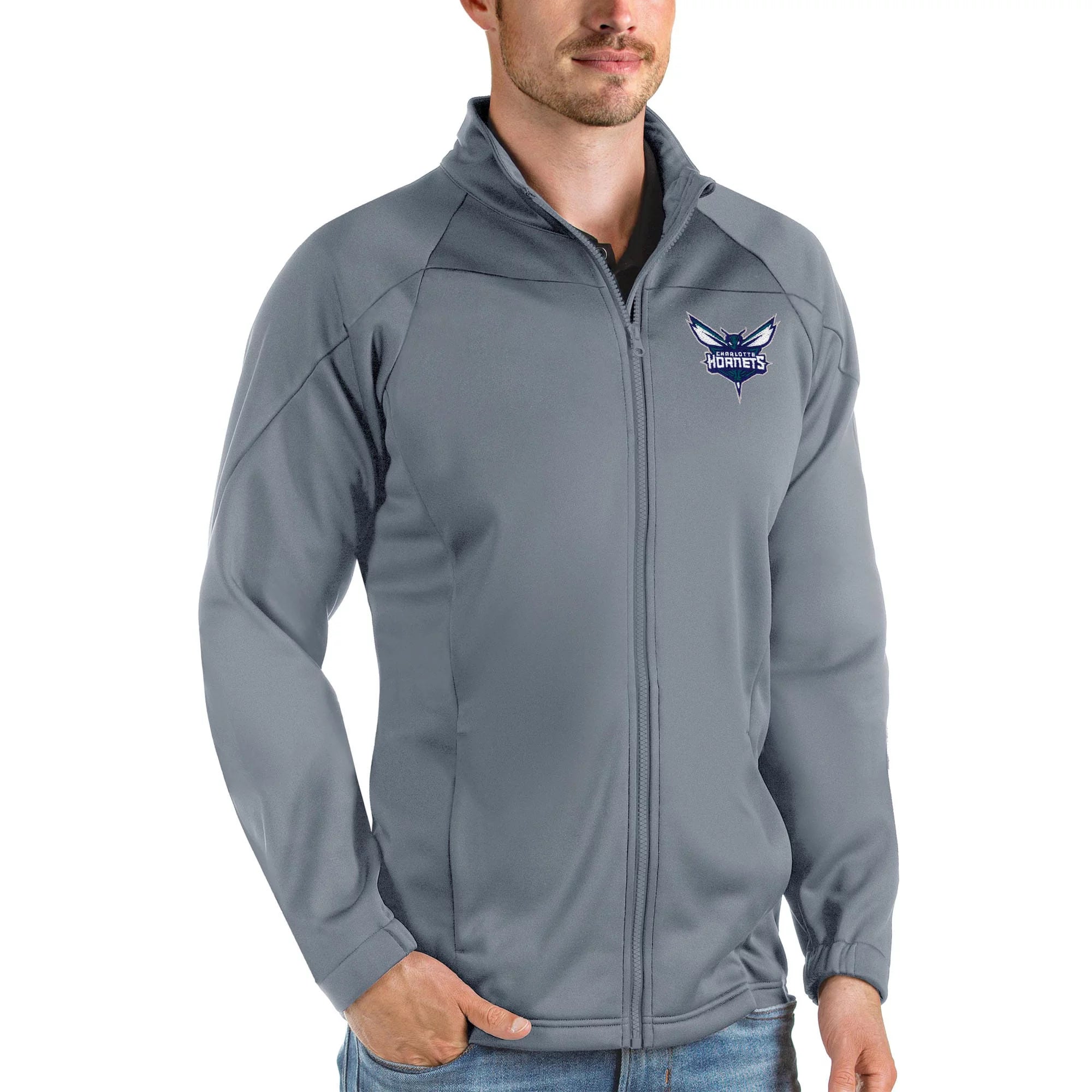 Men's Antigua Charcoal Charlotte Hornets Links Full-Zip Golf Jacket